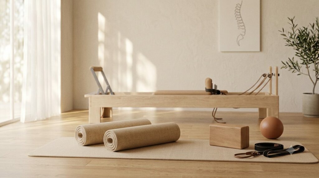 Deux tapis roulés, accessoires de yoga et de Pilates