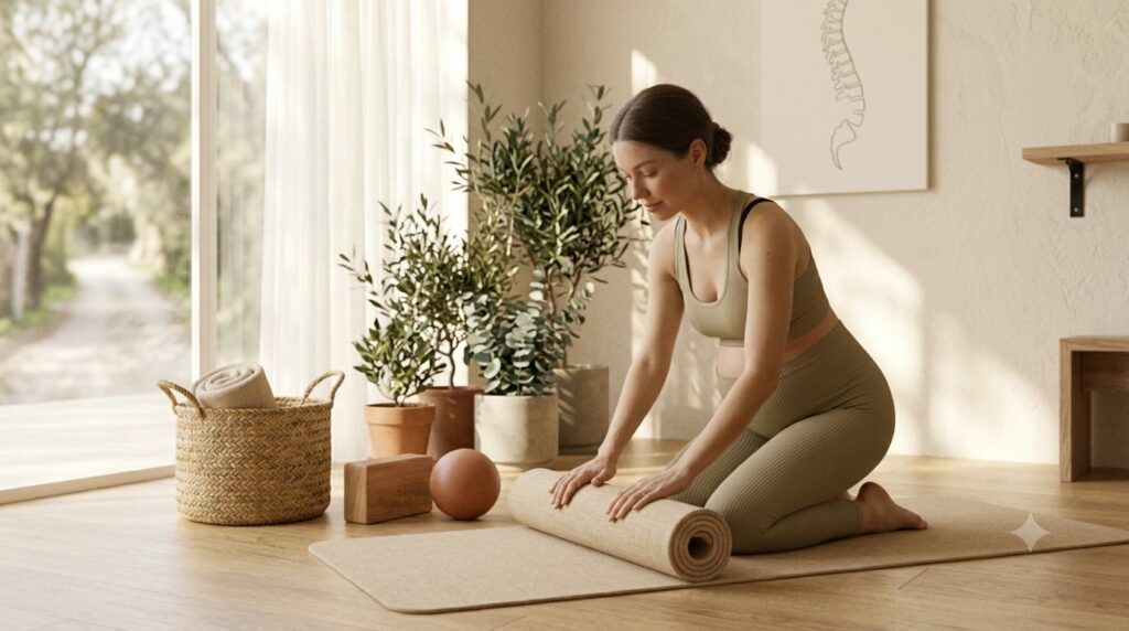 Femme enroulant son tapis de Pilates à la maison