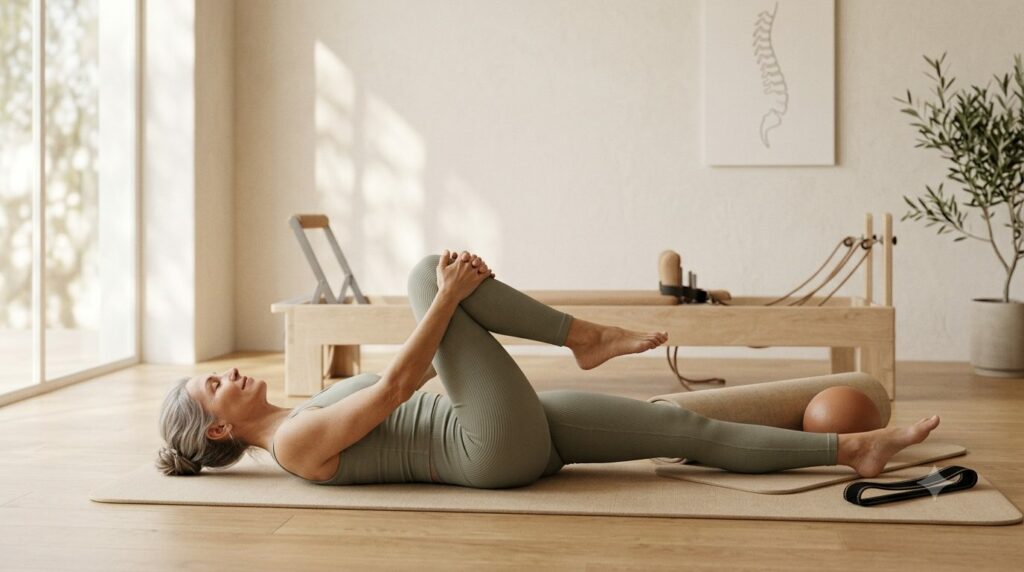 Femme pratiquant un exercice de Pilates au sol