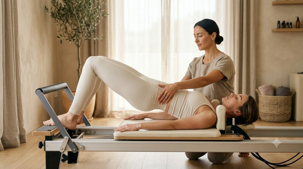 Séance de Pilates sur reformer, accompagnement du dos