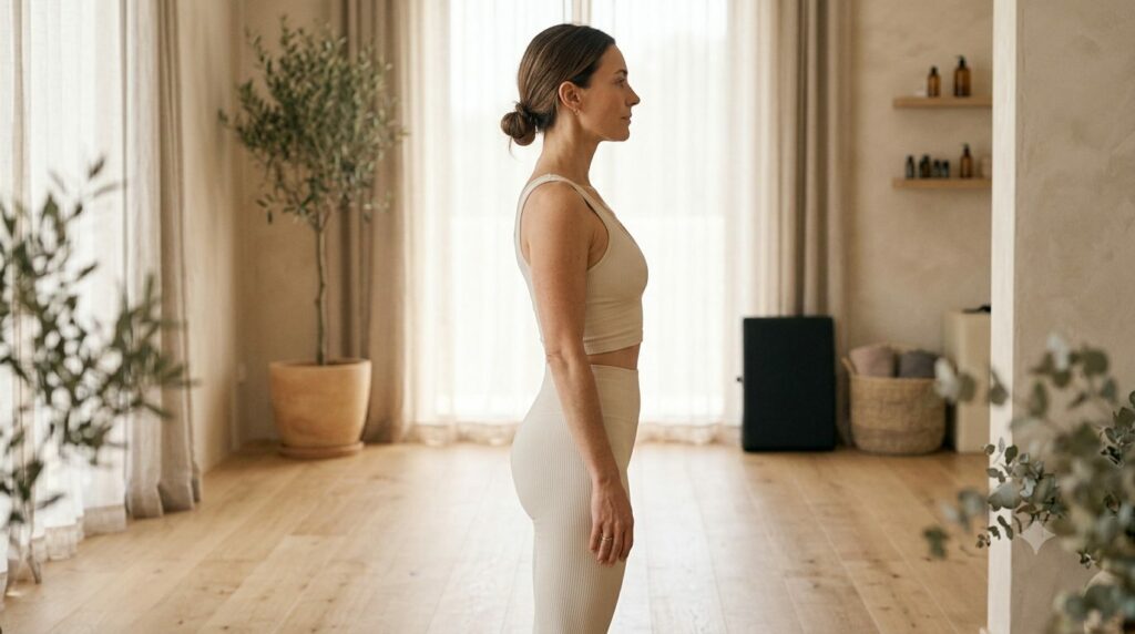 Femme debout, posture alignée après une séance de Pilates