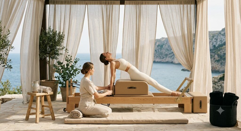 Séance de Pilates privée en terrasse face à la mer